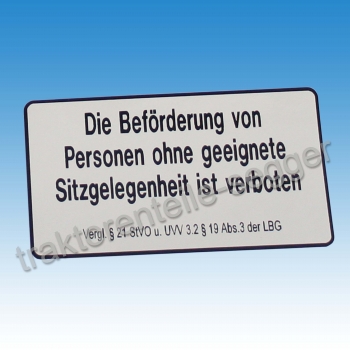 Holder Aufkleber "Die Beförderung von Personen..."