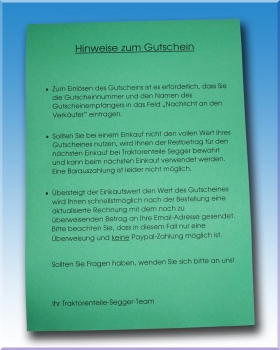 Traktorenteile Segger Einkaufsgutschein im Wert von 50 Euro